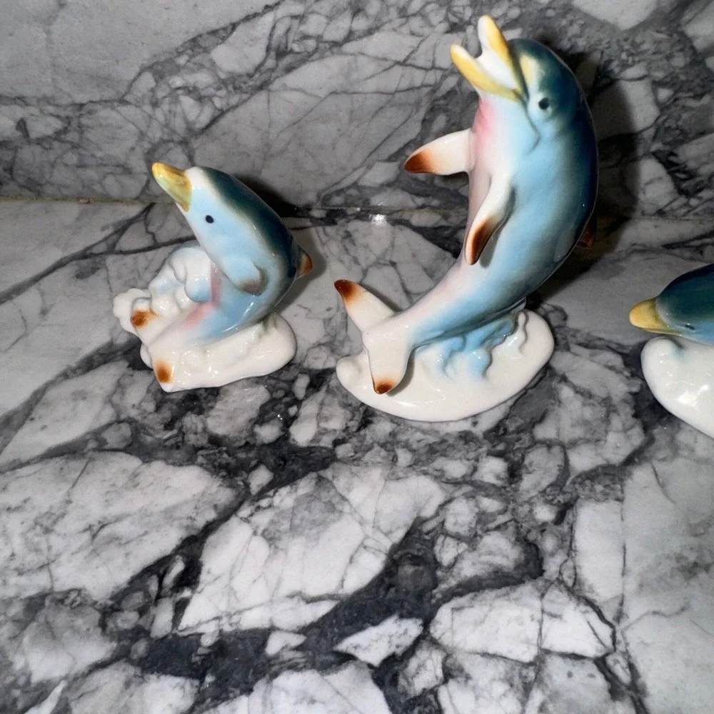 Vintage Bone China Ceramic Porcelain Miniature Dolphin Figurines
